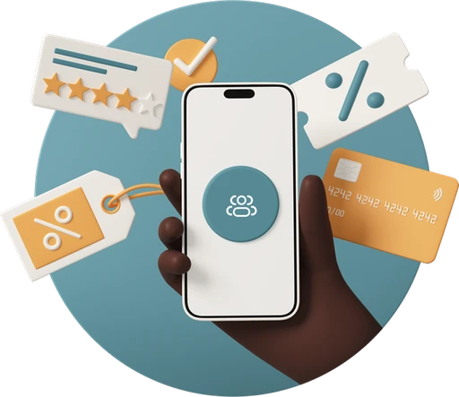 DemandDuck app visualization showing collective buying power with smartphone, discount cards, ratings, and payment elements